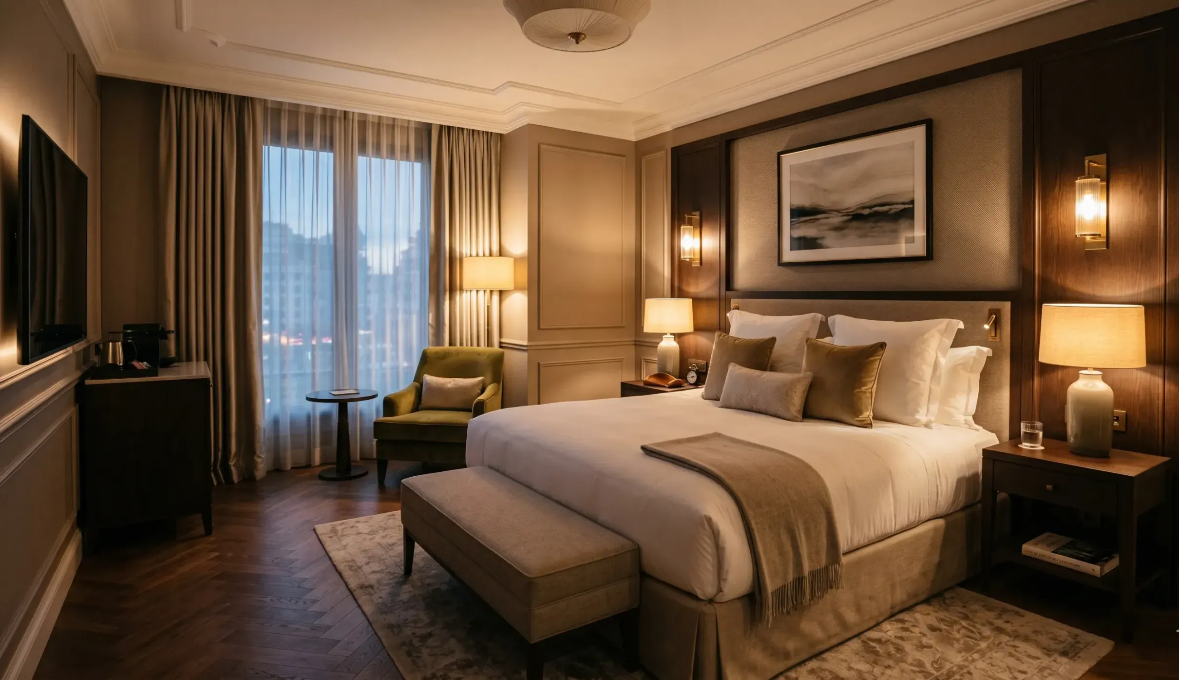 Dormitorio elegante y ordenado estilo hotel de 5 estrellas con iluminación cálida.
