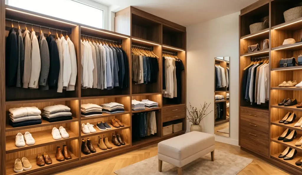 Vestidor a medida de madera iluminado con ropa y zapatos organizados de forma minimalista.